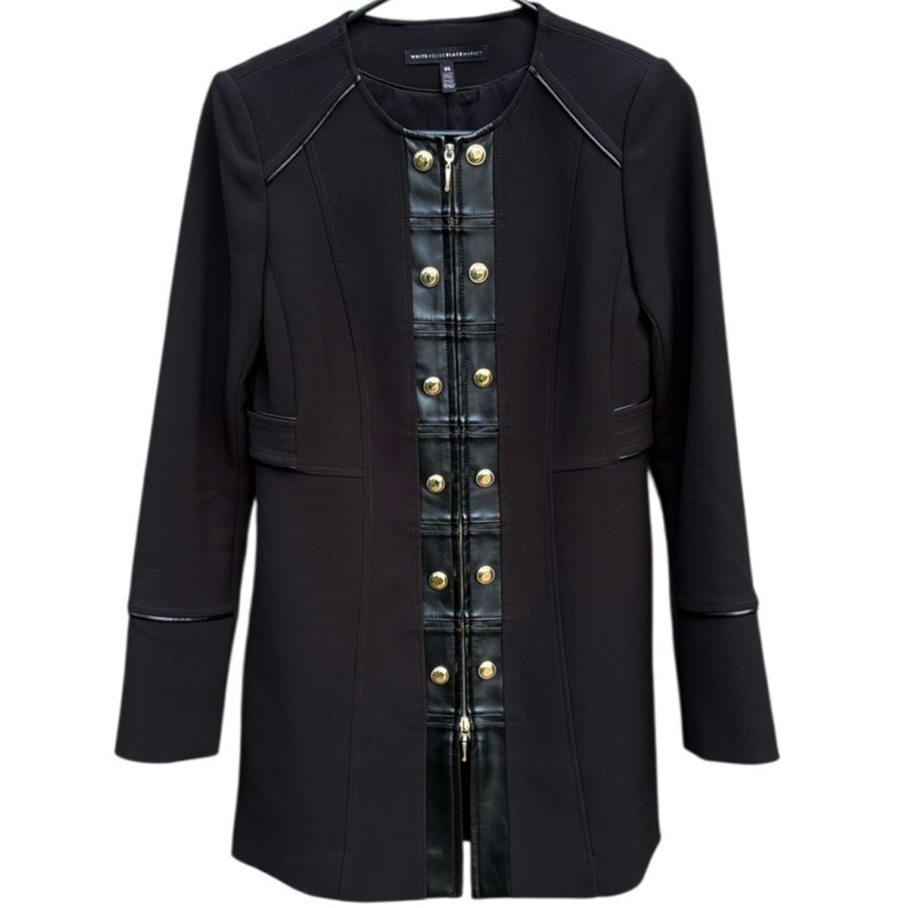 EUC White House Black Market Faux Leather Trimmed Long Line Duster Jacket Top XS